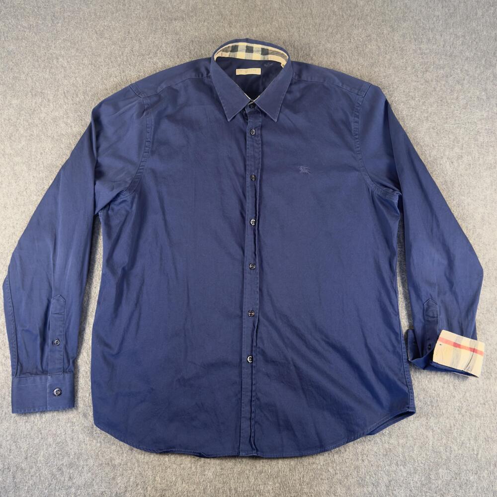 Burberry Brit Shirt Mens 2XL Blue Solid Long Sleeve Button Up Stretch Check Cuff